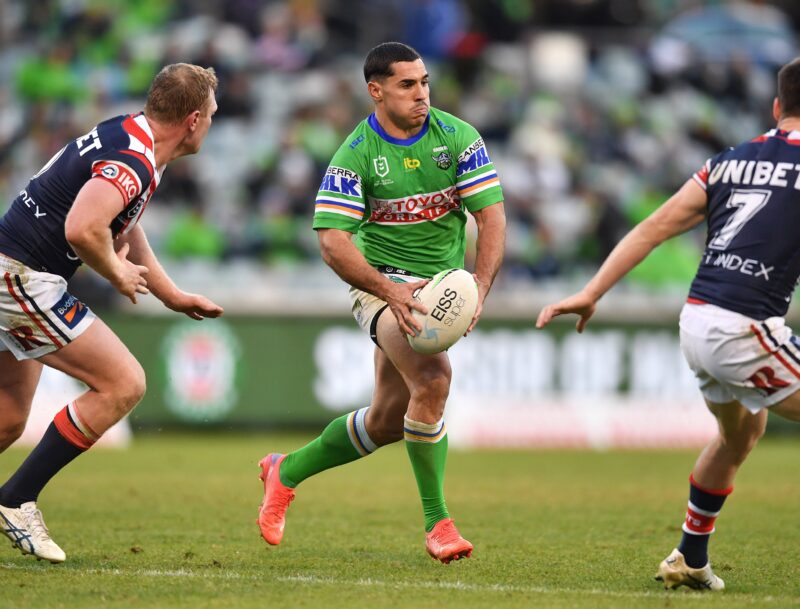 Jamal Fogarty takes on the Roosters.