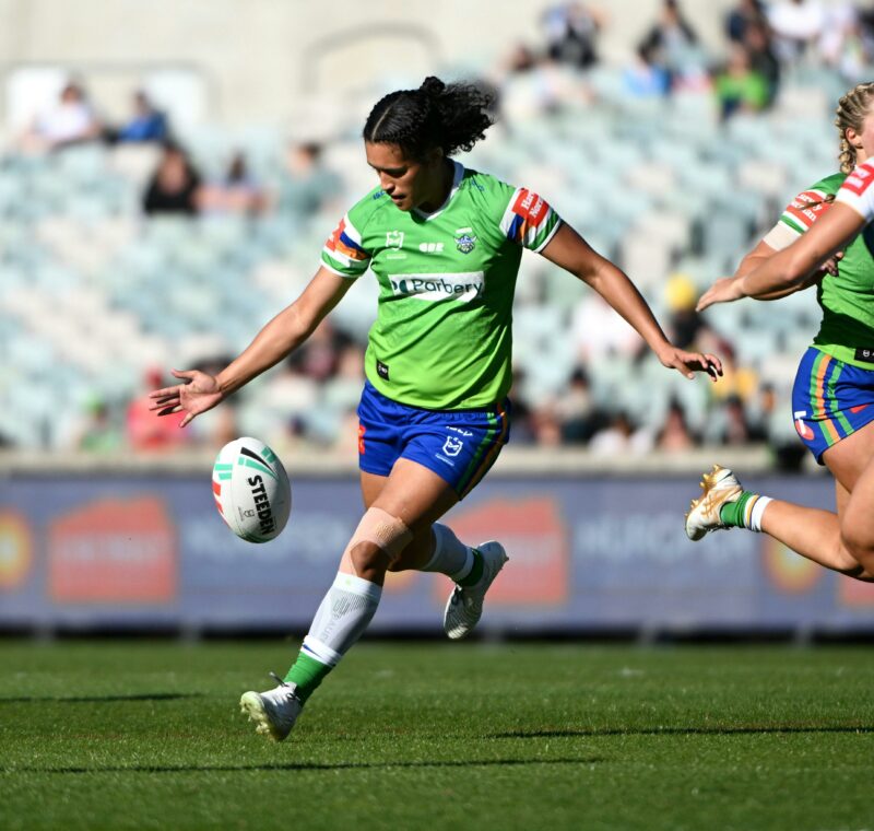 Zahara Temara kicks the ball at GIO Stadium Canberra