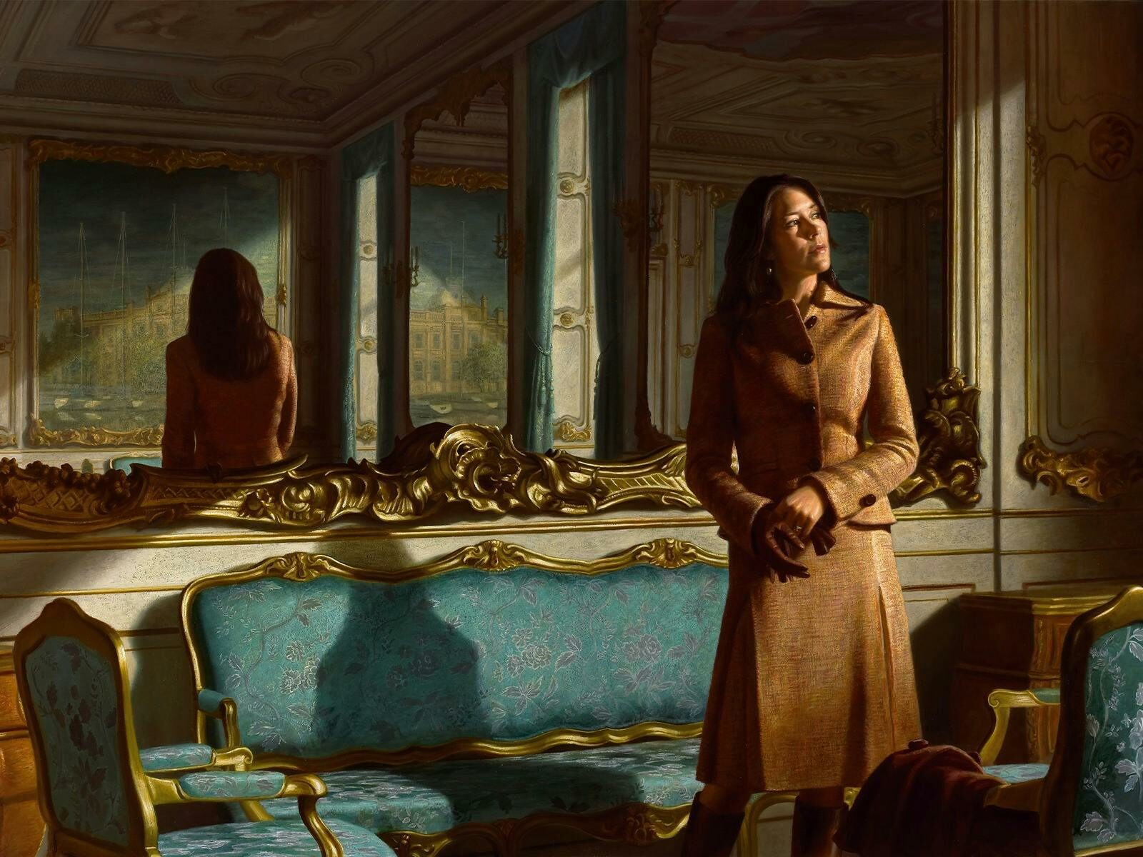 A painted portrait of Queen Mary of Denmark, wearing a brown skirt and shirt, looking out a window.