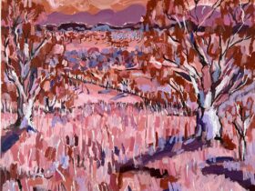 Acrylic painting of two trees and a grass field, in tones of purples and pinks