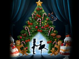 A large Christmas tree opens for Clara & Nutcracker surrounded by Christmas treats.