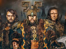 5 men in viking armor and furs staring intensely towards the camera