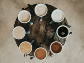 Circle of different coloured coffees