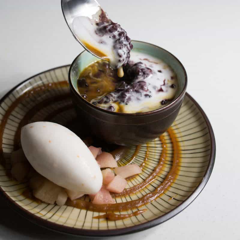 Black Rice Pudding w/ coconut cream, poached apple, lychee sorbet & butterscotch