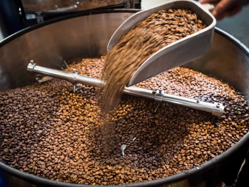 Coffee beans in a large grinder