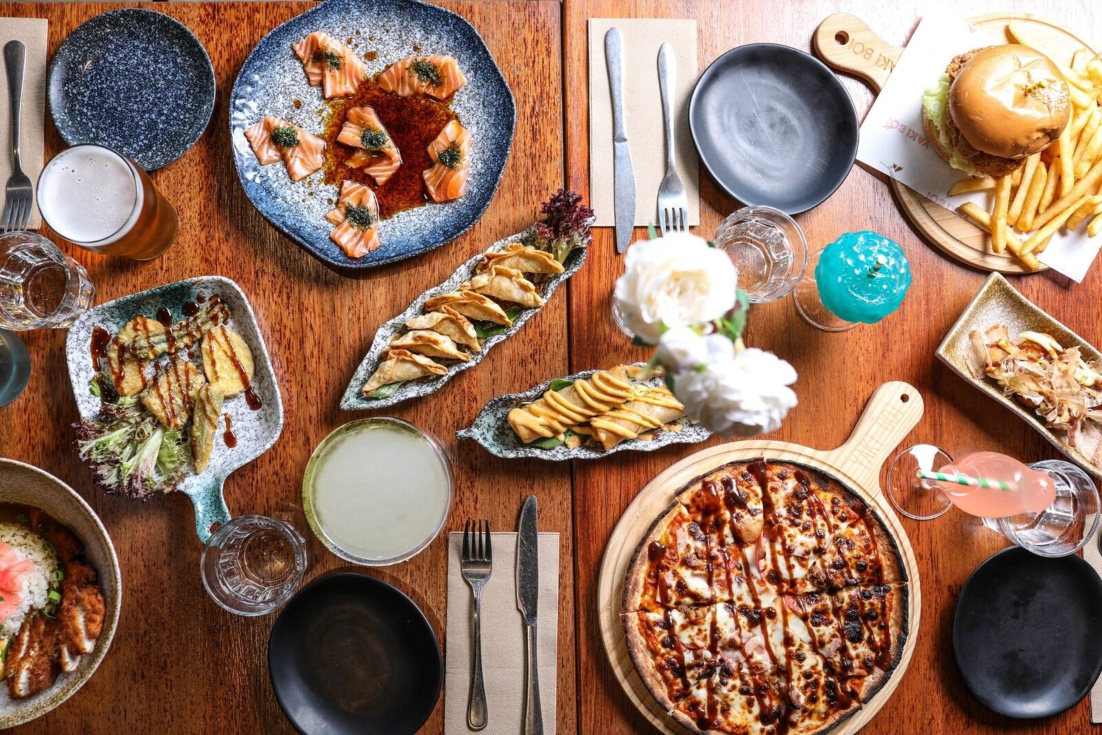 A spread of Asian-style food on a table.