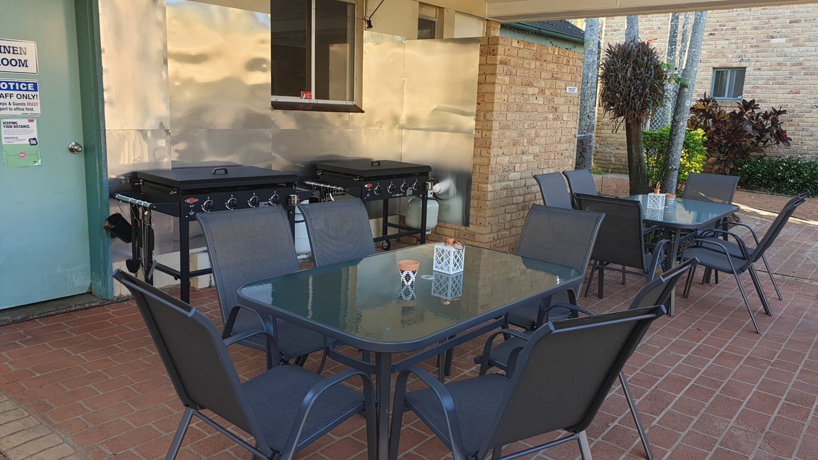 2 BBQS TABLES AND SEATING FOR 12
