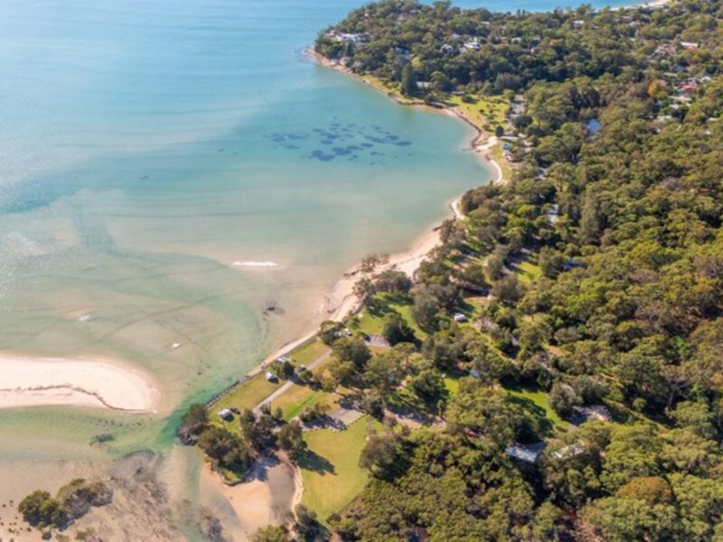An aerial view of Bonnie Vale campground in Royal National Park. Photo: Andrew Elliot © DPE