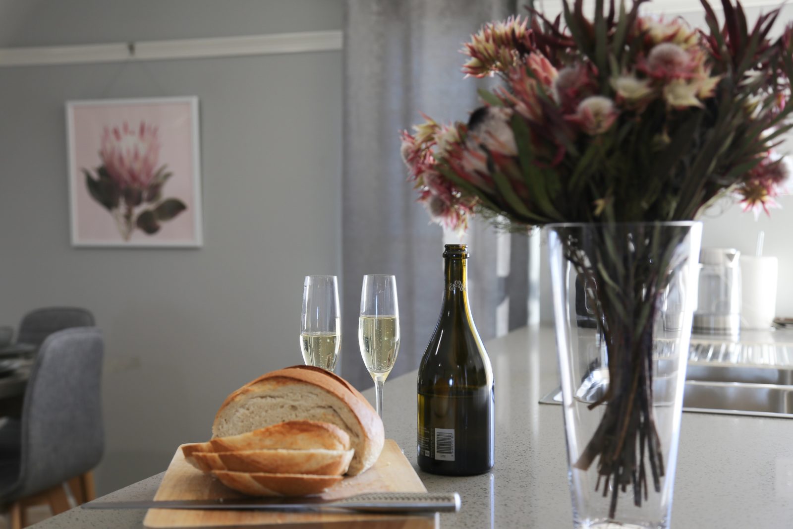 Bread and champagne in the kitchen