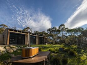 outdoor wooden hottub sits infront of eco-cabin