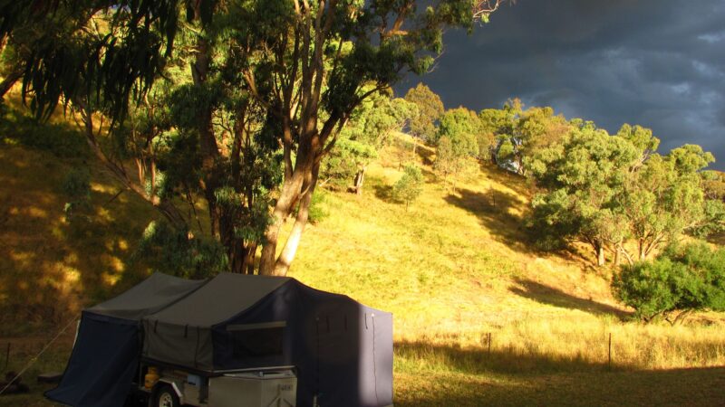 Afternoon sun catching the hills behind the creek campsite.
