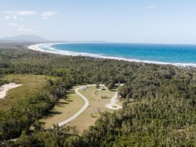 Aerial view of Crowdy Gap campground and nearby beach in Crowdy Bay National Park. Photo: Rob