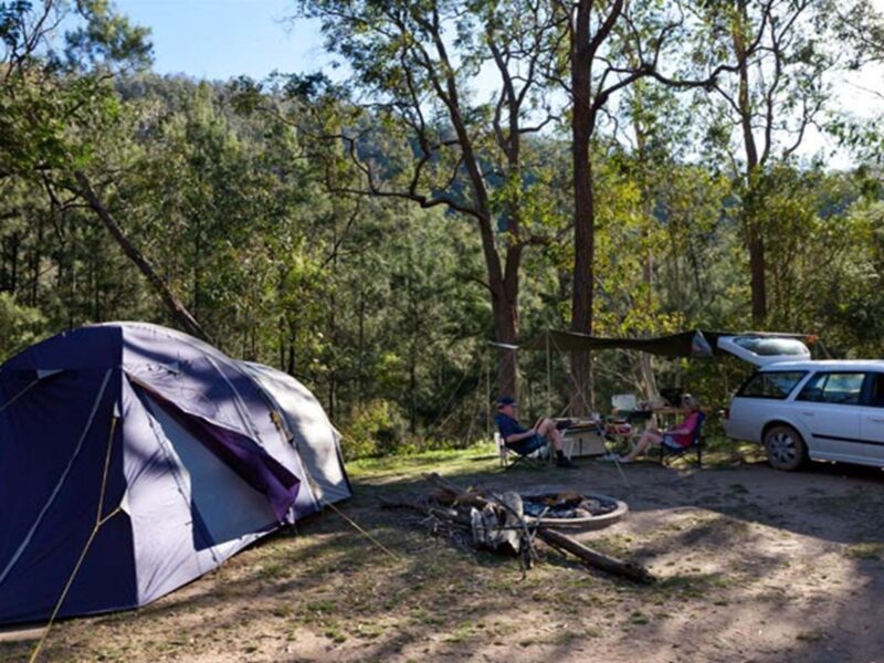 A tent and car at Deua River campgrounds, Deua National Park. Photo: Lucas Boyd/DPIE