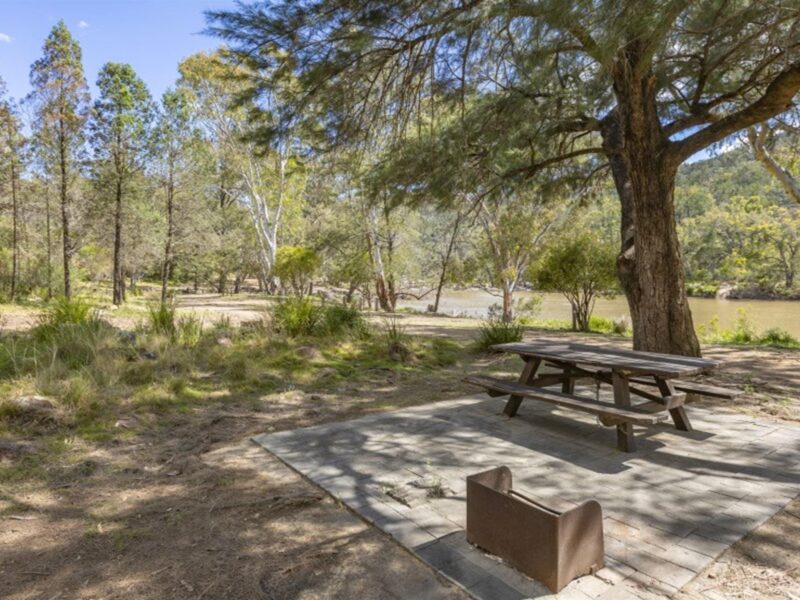 A picnic table and wood barbecue surrounded by trees at Gum Hole campground and picnic area in