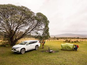 A man sets up a tent next to a fire ring and car at Long Plain Hut campground, Kosciuszko National