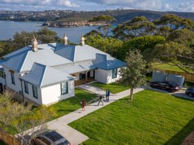 Aerial view of Middle Head Officers Quarters with Sydney Harbour in the background. Photo: John
