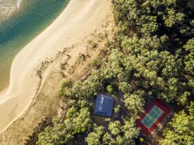 Ariel view of Myer House, tennis court and beach at Mimosa Rocks National Park. Photo: OEH/John
