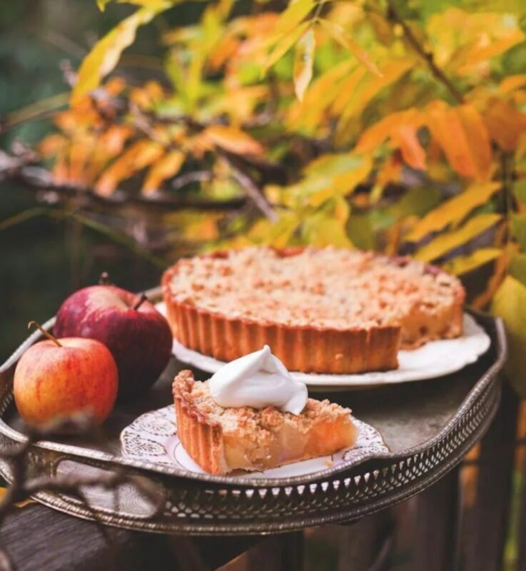 delicious vegan pie next to apples with tree in background