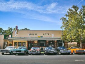 Royal Hotel and wedding cars out front