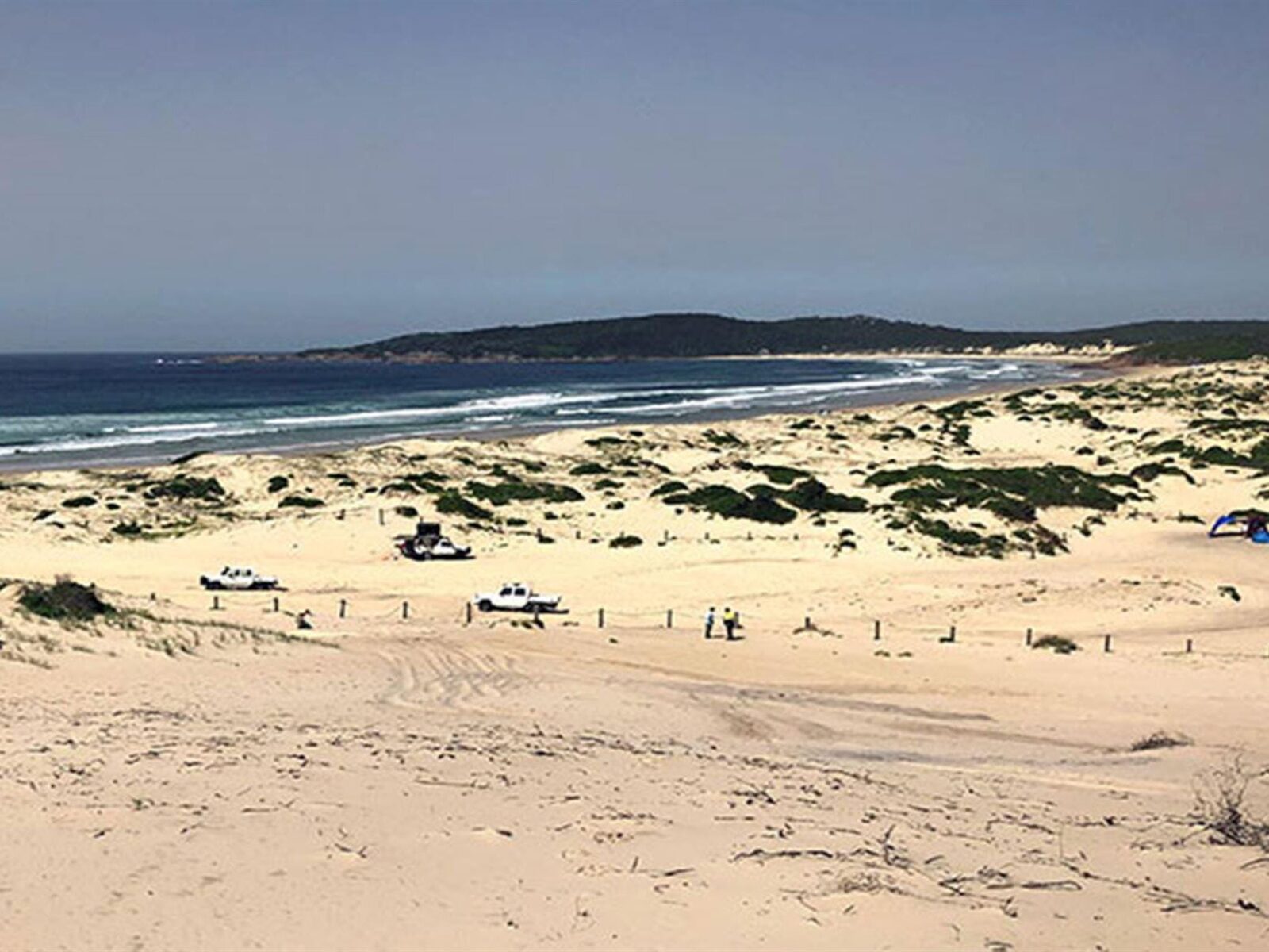 View across sand to vehicles, people, and a tent on Samurai Beach in Tomaree National Park. Photo: