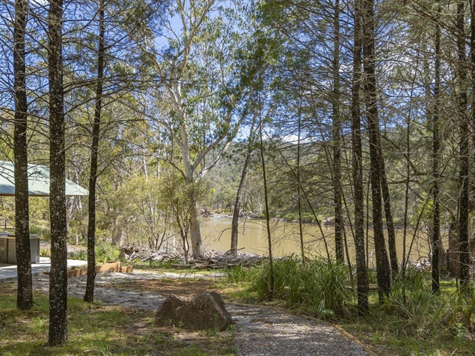 Covered barbecue area amongst the trees, overlooking the river, Warrabah National Park. Photo: