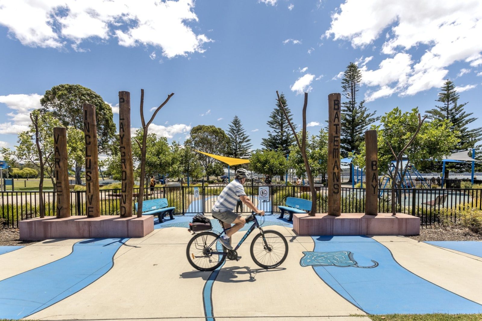 Cycling near Corrigans Reserve and accessible playground