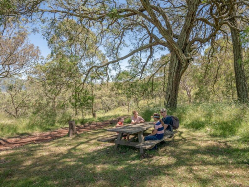 Family at a picnic table in Burning Mountain Nature Reserve. Credit: John Spencer © DPE