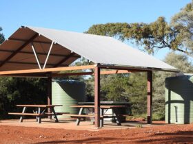 Photo of picnic tables and a barbecue under a shelter surrounded by trees and red dirt at Gundabooka
