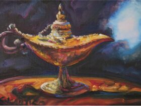 A beautiful painting by Concetta Antico of a lamp, oil on canvas