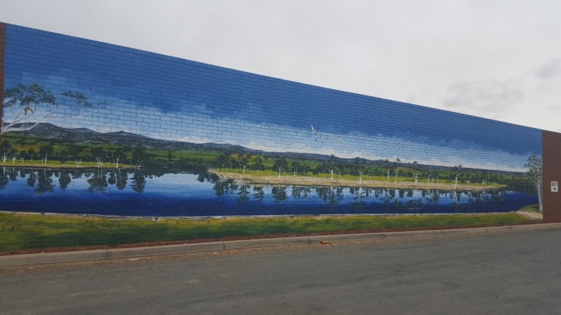 A large mural of the Murray River covers a brick wall in Howlong.