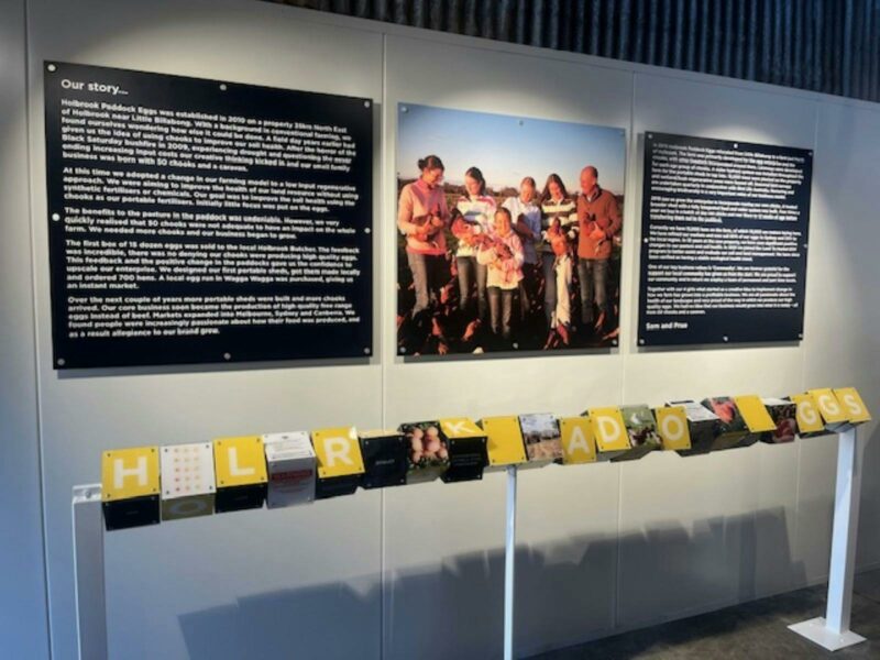 Interactive display boards detailing the Holbrook Paddock Eggs Story