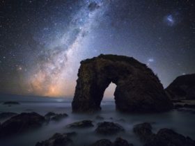 Stars and the Milky Way shining over Horse Head Rock, Bermagui