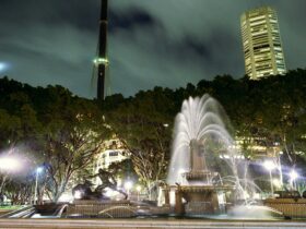 Night scene of Hyde Park with fountain