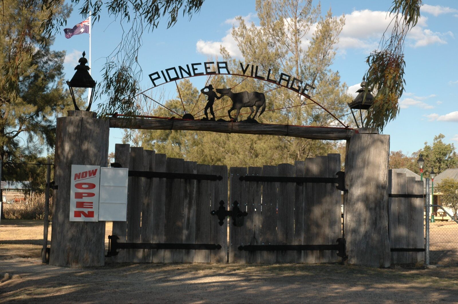 Wooden front gates of Pioneer Village