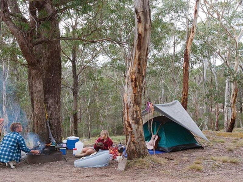 Campers outside a tent at Boyd River campground, Kanangra-Boyd National Park. Photo: Nick Cubbin