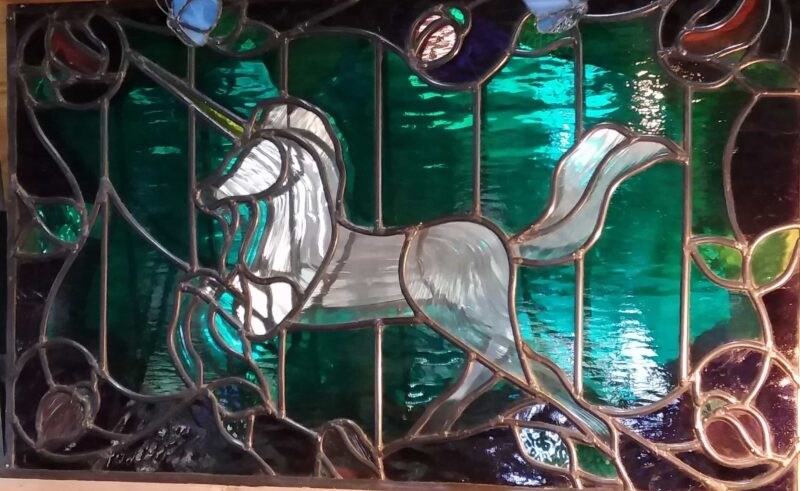 Mythical Unicorn leadligjt glass by Lance Brown of Kangaroo Valley Leadlights