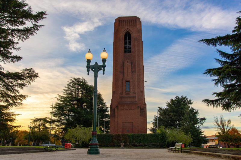 The Bathurst War Memorial Carillon and Historic Street Lamp in the sunset on Kings Parade