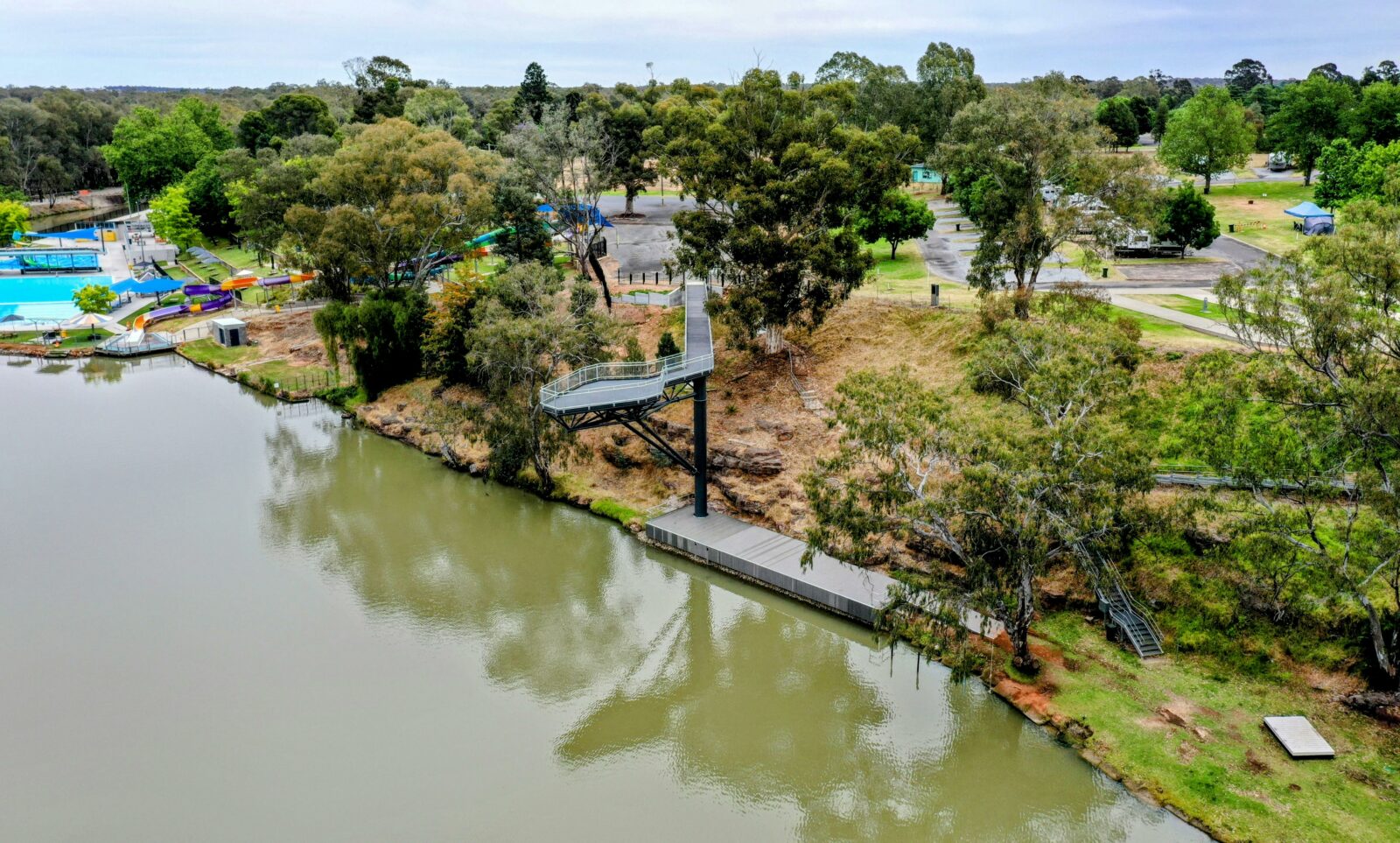 Aerial view of elevated viewing platform at Lake Talbot, Narrandera NSW