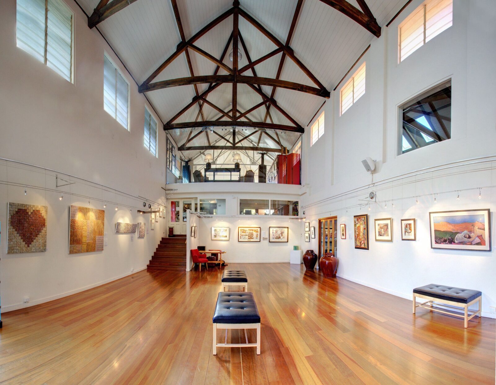 The main gallery holds monthly exhibitions featuring paintings, sculpture, glass and ceramics
