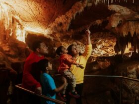 Visitors point out stalactites on the roof of Mulwaree Cave. Credit: Remy Brand/DPE © Remy