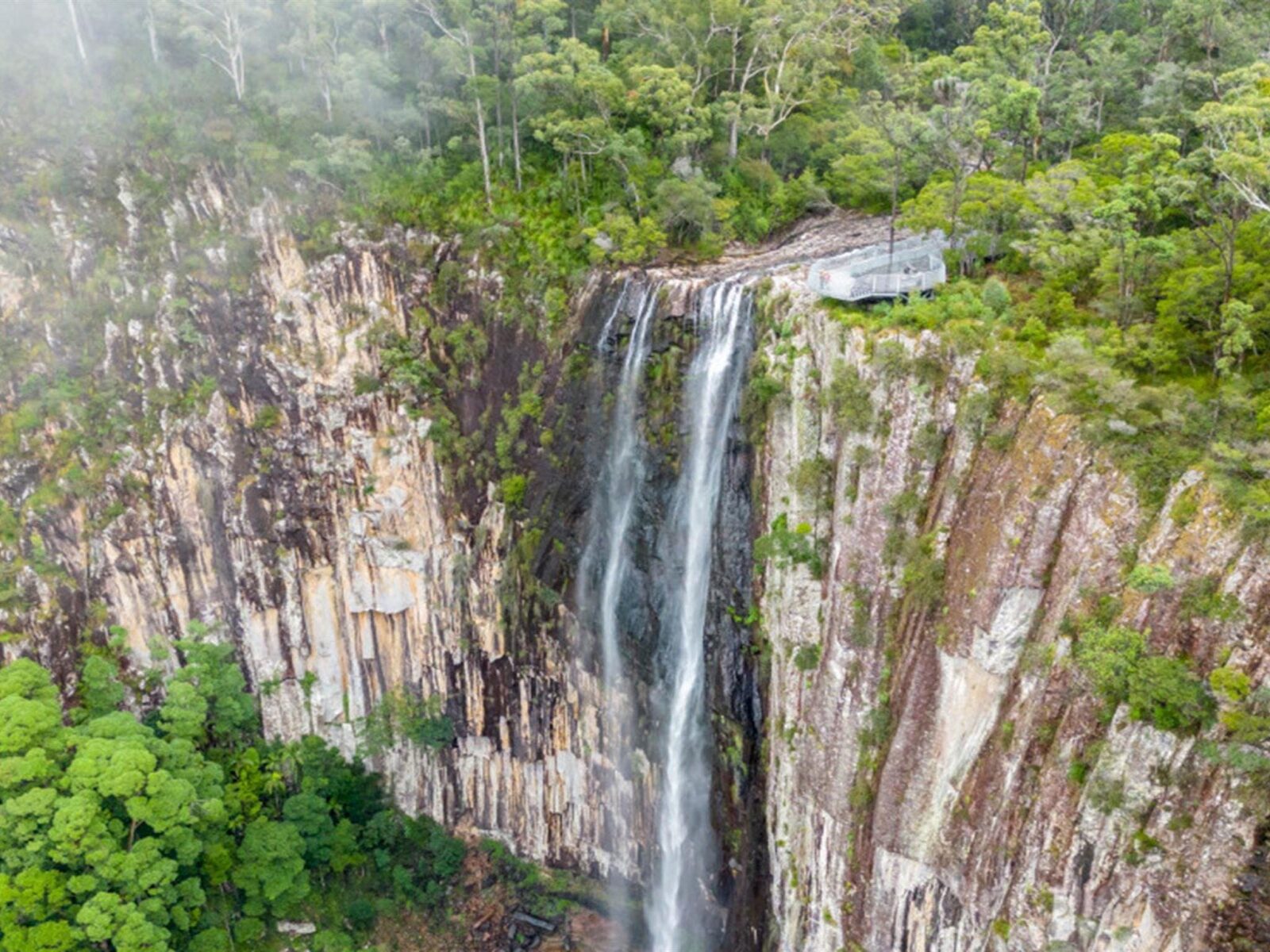 Aerial view of Minyon Falls and the lookout in Nightcap National Park. Credit: John Spencer ©
