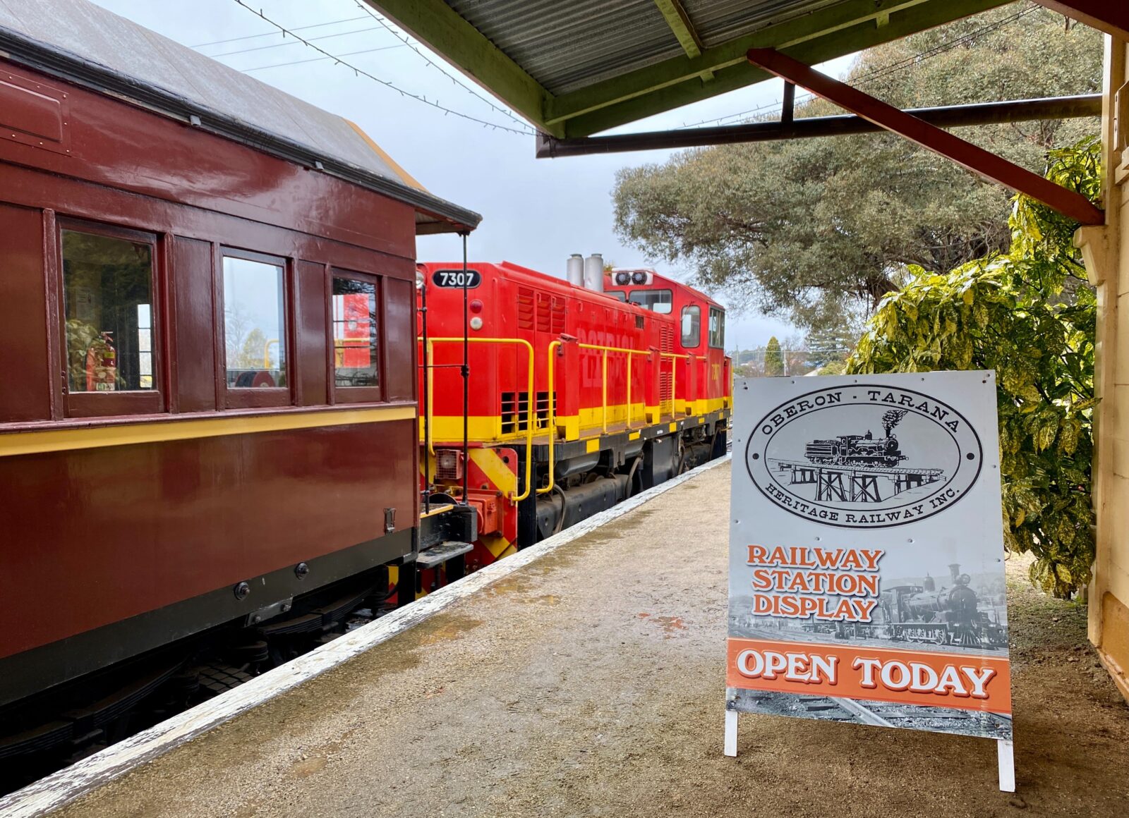 Oberon Station with our Diesel Locomotive and 1897 End Platform Carriage at station
