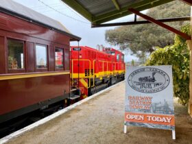 Oberon Station with our Diesel Locomotive and 1897 End Platform Carriage at station