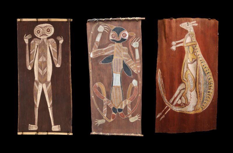 Three Australian Aboriginal traditional Bark Paintings from Western Arnhem Land, Northern Territory