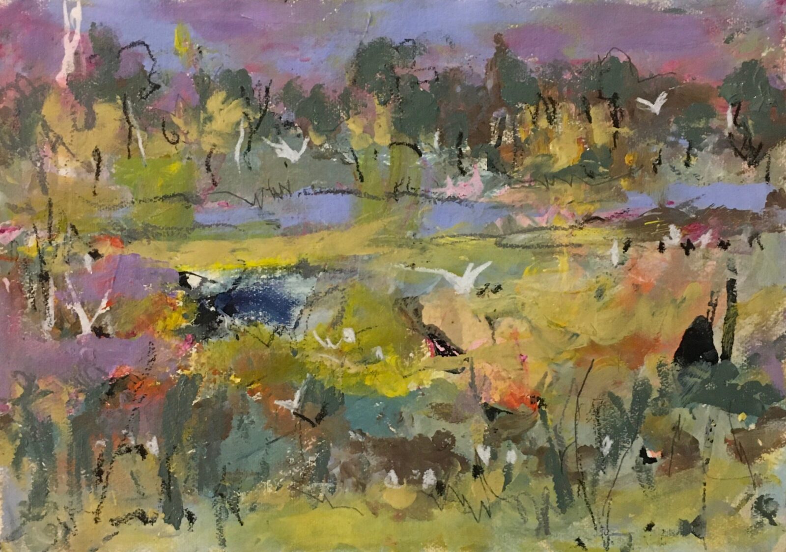 Rhonda's explores the outback in gestural works in a palette that reflects nature .