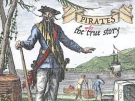 Historic painting of the pirate Blackbeard with Pirates - The (Mostly) True Story logo