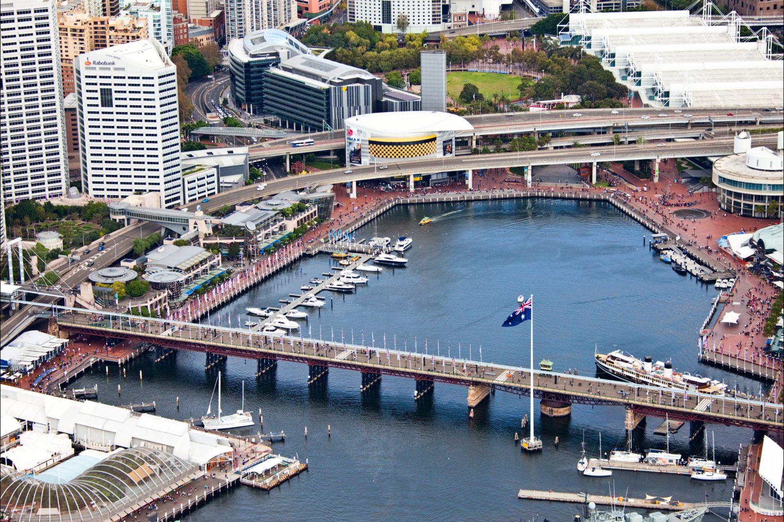 Aerial of Darling Harbour in the afternoon