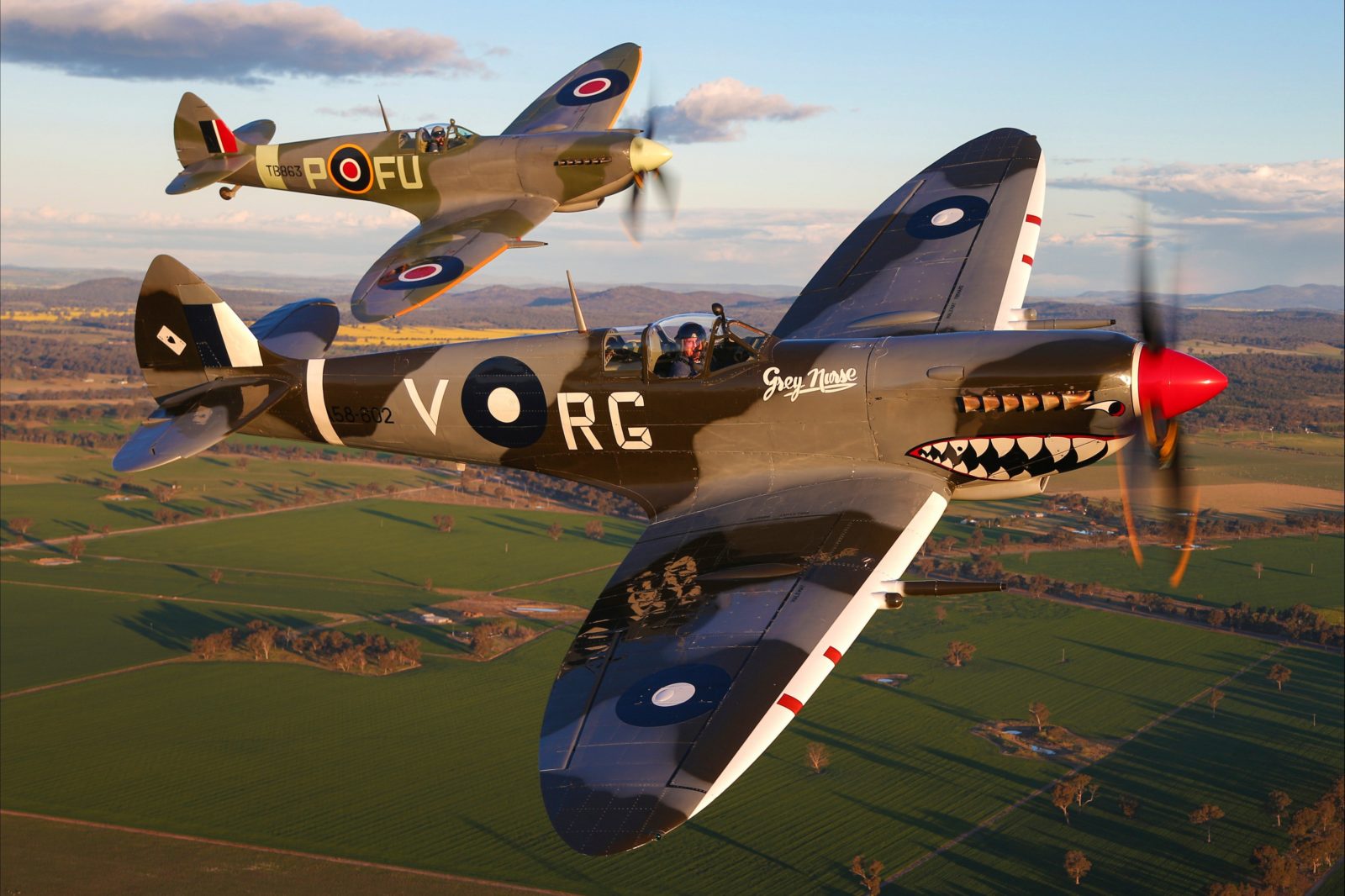 The Temora Aviation Museum's MK VIII Spitfire (front) and MK XVI Spitfire (back) flying in formation