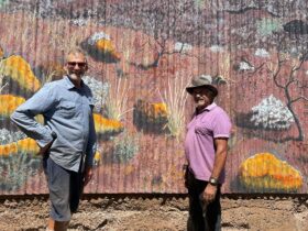 The two artists standing in front of a Broken Hill landscape mural at The Shed