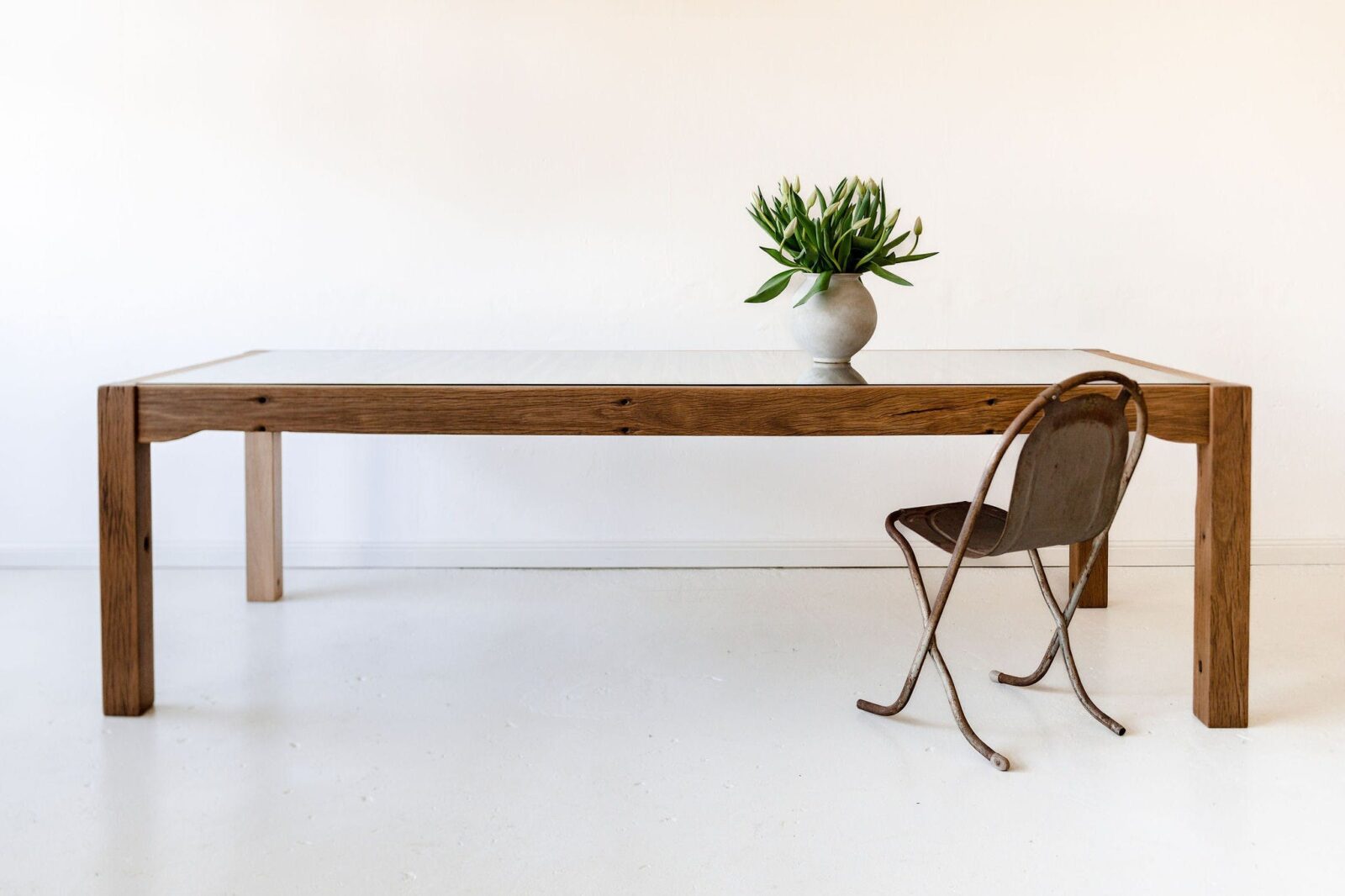 A replica wool classing table made from recycled slats from the flooring of a local wool shed.